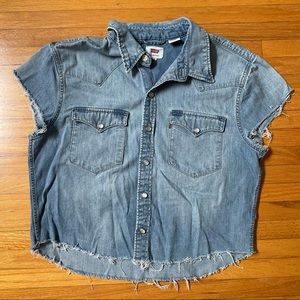 Levis Raw Hem Pearl Snap Button Cut Sleeves Denim Top - Size Small